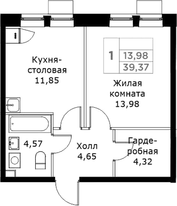 1-комн., 39.37 м², 24/25 этаж, ЖК «КИТ»