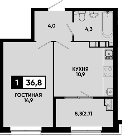 1-комн., 34.1 м², 6/14 этаж, ЖК «Квартал на курорте Моя Легенда»