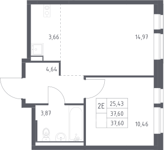 2-комн., 37.6 м², 10/17 этаж, ЖК «Квартал Авиаторов»