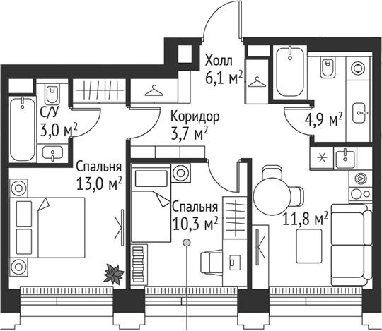3-комн., 52.8 м², 4/45 этаж, ЖК «СЕТ»