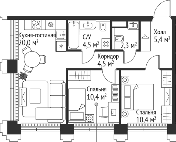 3-комн., 57.5 м², 7/45 этаж, ЖК «СЕТ»