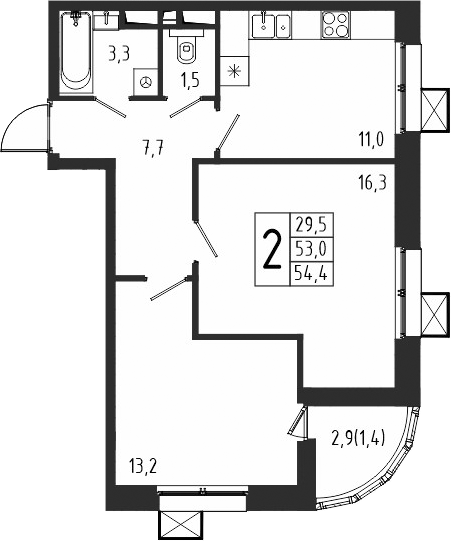 2-комн., 53 м², 2/10 этаж, ЖК «Берег»