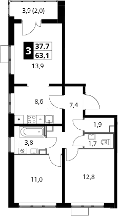 3-комн., 61.1 м², 20/22 этаж, ЖК «Южная Битца»