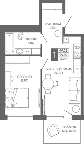 1-комн., 44.6 м², 1/9 этаж, ЖК «Иначе в Молодежном»