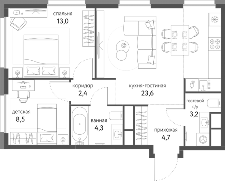 3-комн., 59.7 м², 18/25 этаж, ЖК «Сиреневый парк»