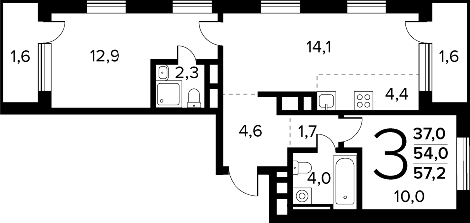 3-комн., 54 м², 6/7 этаж, ЖК «Новые Ватутинки Квартал у реки»