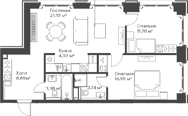 3-комн., 70.23 м², 9/15 этаж, ЖК «Сити Бэй»