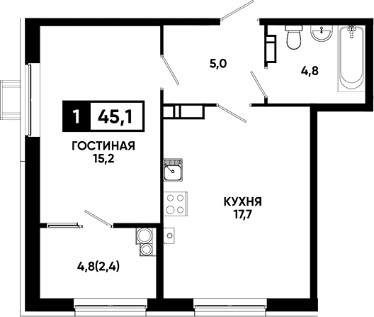 1-комн., 42.7 м², 14/14 этаж, ЖК «Квартал на курорте Моя Легенда»