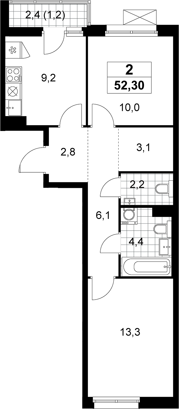 2-комн., 51.1 м², 7/13 этаж, ЖК «Прокшино»