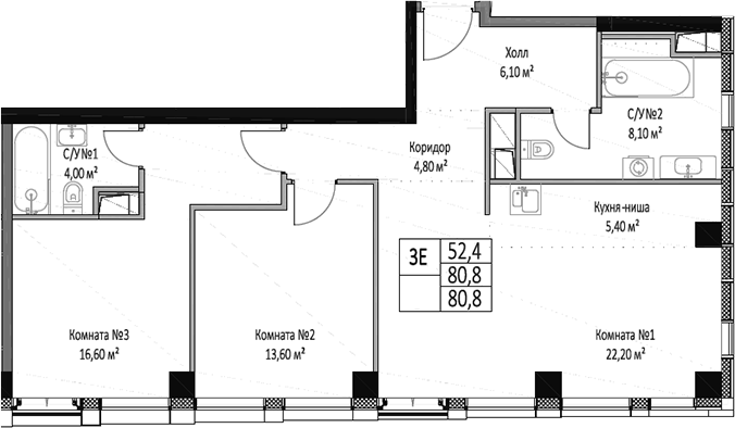 3-комн., 80.8 м², 8/27 этаж, ЖК «ЭМОУШН»