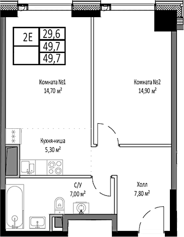 2-комн., 49.7 м², 30/35 этаж, ЖК «Мираполис»