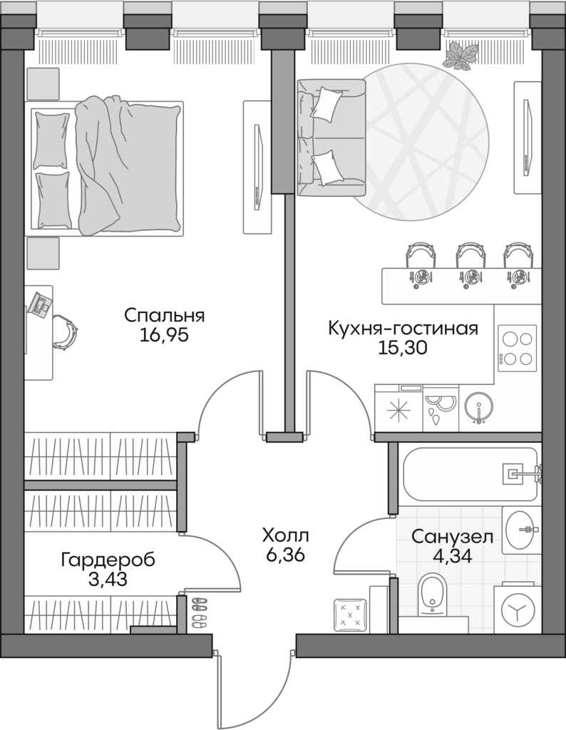 2-комн., 45.8 м², 2/16 этаж, ЖК «Инсайдер»