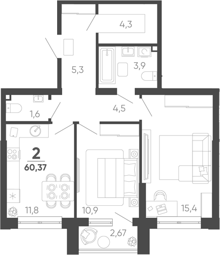 2-комн. квартира, 59.57 м² в ЖК Барса — фото 2