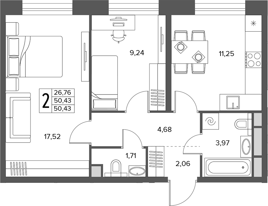 2-комн., 50.43 м², 2/18 этаж, ЖК «Городской бор»