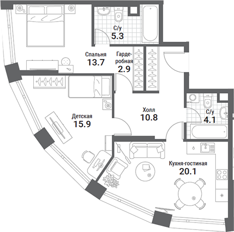 3-комн., 73.2 м², 10/35 этаж, ЖК «Нагатино Ай-Лэнд»