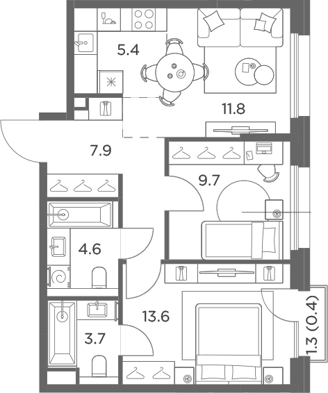 3-комн., 56.7 м², 6/6 этаж, ЖК «Станиславский»