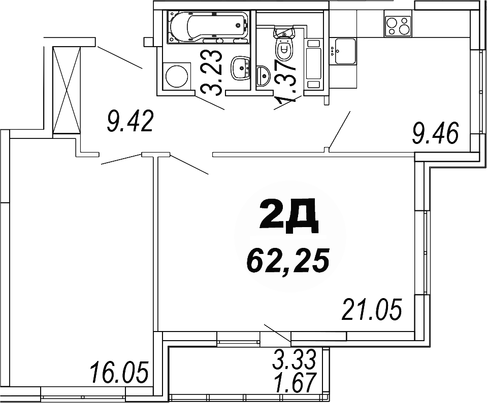 2-комн., 60.58 м², 1/4 этаж, ЖК «Шолохово»
