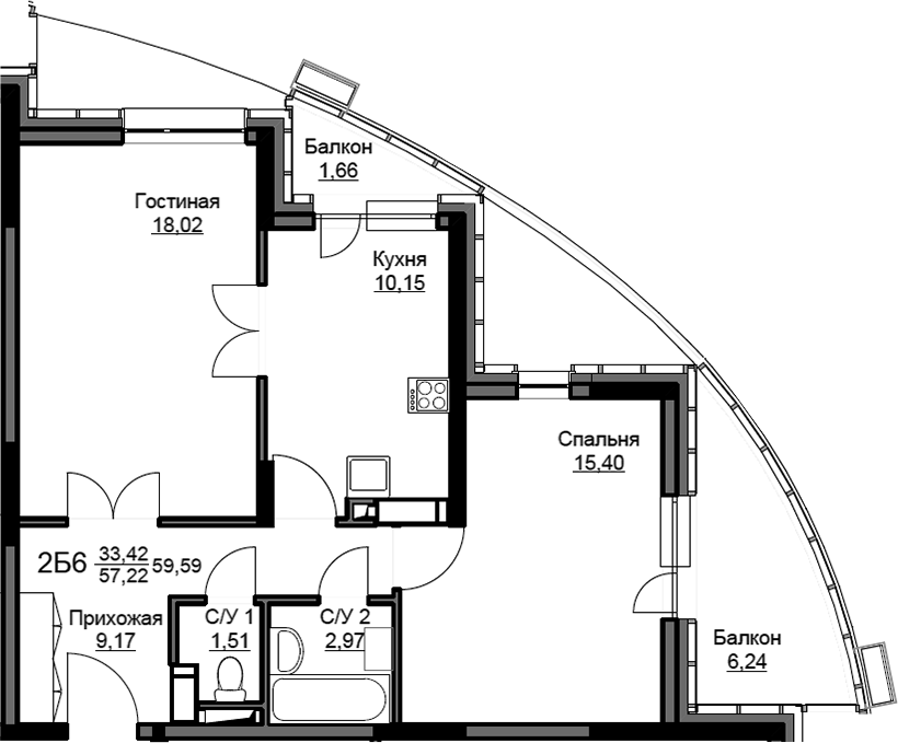 2-комн., 57.22 м², 15/17 этаж, ЖК «Соболевка»