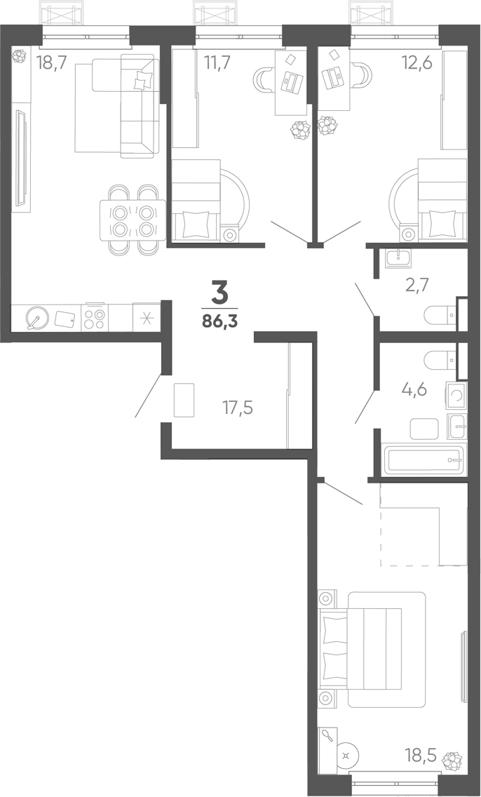 3-комн. квартира, 86.3 м² в ЖК Барса — фото 2