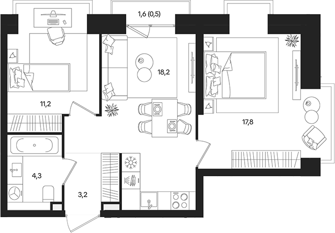 3-комн., 54.7 м², 14/27 этаж, ЖК «ТАТУМ»