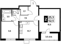 2-комн., 51.8 м², 16/18 этаж, ЖК «Южная Битца»