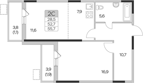 2-комн., 52.7 м², 9/9 этаж, ЖК «Пироговская ривьера. Мытищи»