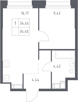 2-комн., 34.45 м², 18/23 этаж, ЖК «Тропарево Парк»