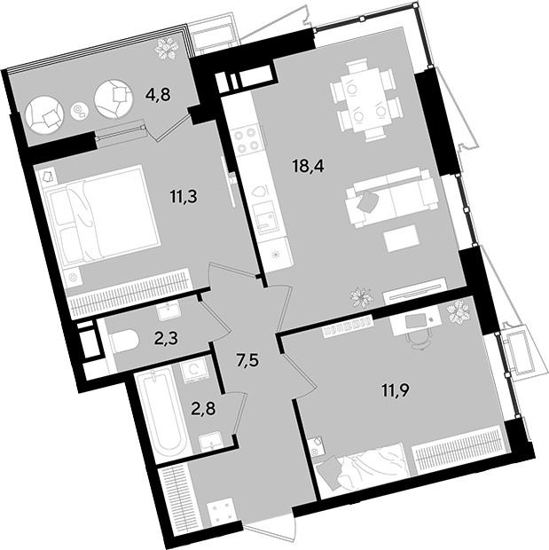 3-комн., 54.2 м², 18/18 этаж, ЖК «Парк Победы»