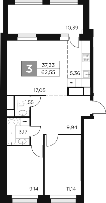 3-комн., 57.35 м², 15/15 этаж, ЖК «Восток 2»