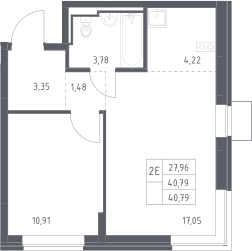 2-комн., 40.79 м², 3/12 этаж, ЖК «Богдановский лес»