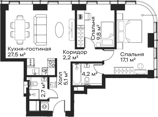 3-комн., 68.6 м², 18/59 этаж, ЖК «Сити Бэй»