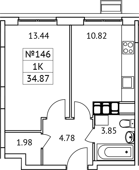 1-комн., 34.87 м², 12/14 этаж, ЖК «Новотомилино»