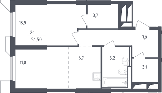 2-комн., 51.5 м², 9/30 этаж, ЖК «Скай Спутник»