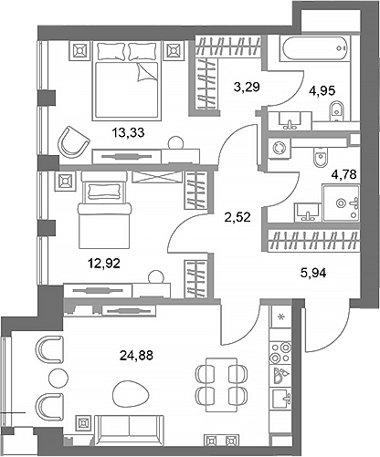 2-комн., 72.61 м², 8/75 этаж, ЖК «ФАЙВ ТАУЭРС»