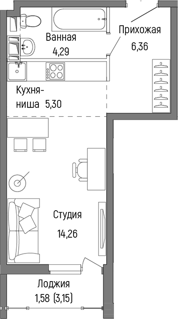 Студия, 30.21 м², 9/9 этаж, ЖК «Рига Хиллс»