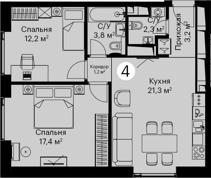3-комн., 61.4 м², 51/52 этаж, ЖК «Сити Бэй»