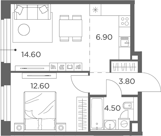 2-комн., 42.4 м², 15/17 этаж, ЖК «Белый Град»