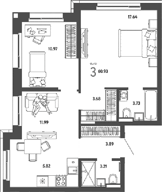 3-комн., 60.93 м², 2/16 этаж, ЖК «Страна.Парковая»