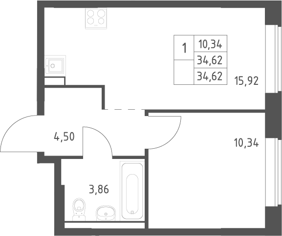 2-комн., 34.62 м², 10/12 этаж, ЖК «Большое Юрлово»