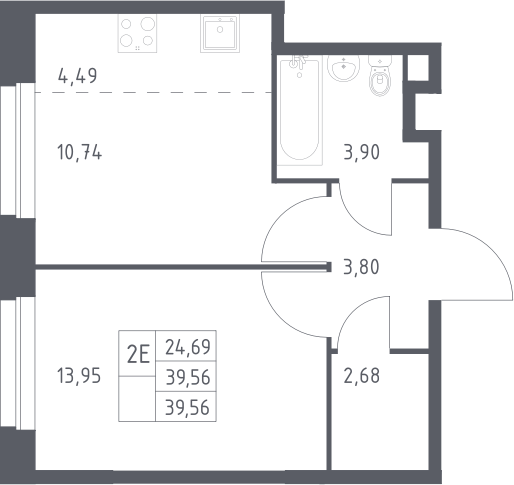 2-комн., 39.56 м², 12/16 этаж, ЖК «ЭкоБунино»
