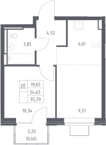 2-комн., 34.63 м², 8/12 этаж, ЖК «Богдановский лес»
