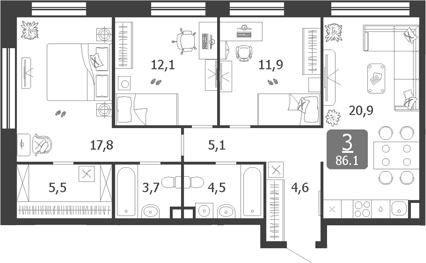 4+ комнаты, 86.1 м², 11/19 этаж, ЖК «Шагал»