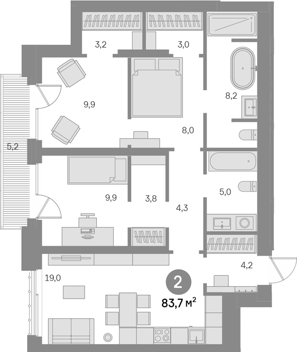 2-комн., 78.5 м², 7/15 этаж, ЖК «Квартал Издание»