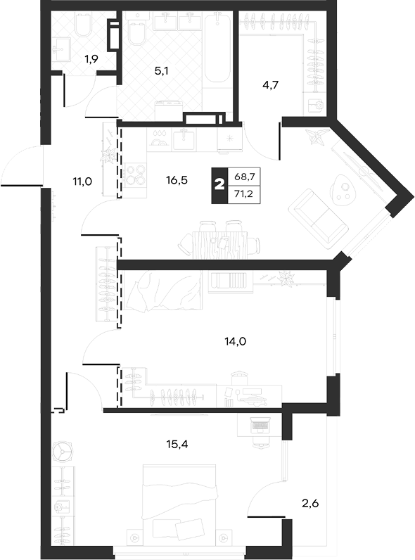 2-комн., 68.74 м², 5/17 этаж, ЖК «Луиджи»
