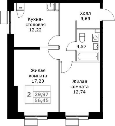 2-комн., 56.45 м², 24/25 этаж, ЖК «КИТ»