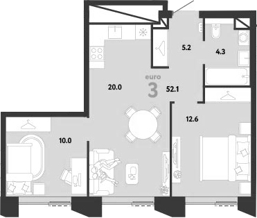 3-комн., 52.1 м², 12/38 этаж, ЖК «Страна.Заречная»