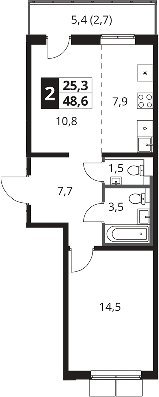 2-комн., 45.9 м², 4/25 этаж, ЖК «1-й Южный»