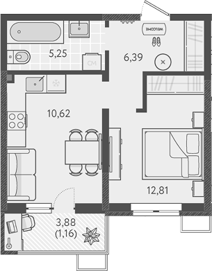 1-комн., 35.07 м², 5/9 этаж, ЖК «Теплые края»