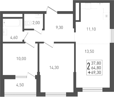 3-комн. квартира, 64.8 м² в ЖК Югге — фото 2