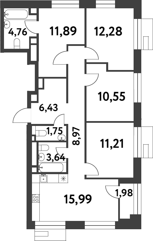3-комн., 87.48 м², 12/16 этаж, ЖК «Смарт Гарден»